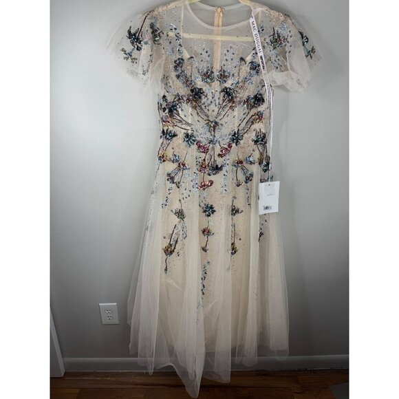 Mac Duggal 20510 Flutter Sleeve High Neck Embellished Tea Length Dress Sz 8 Nude - Picture 2 of 6